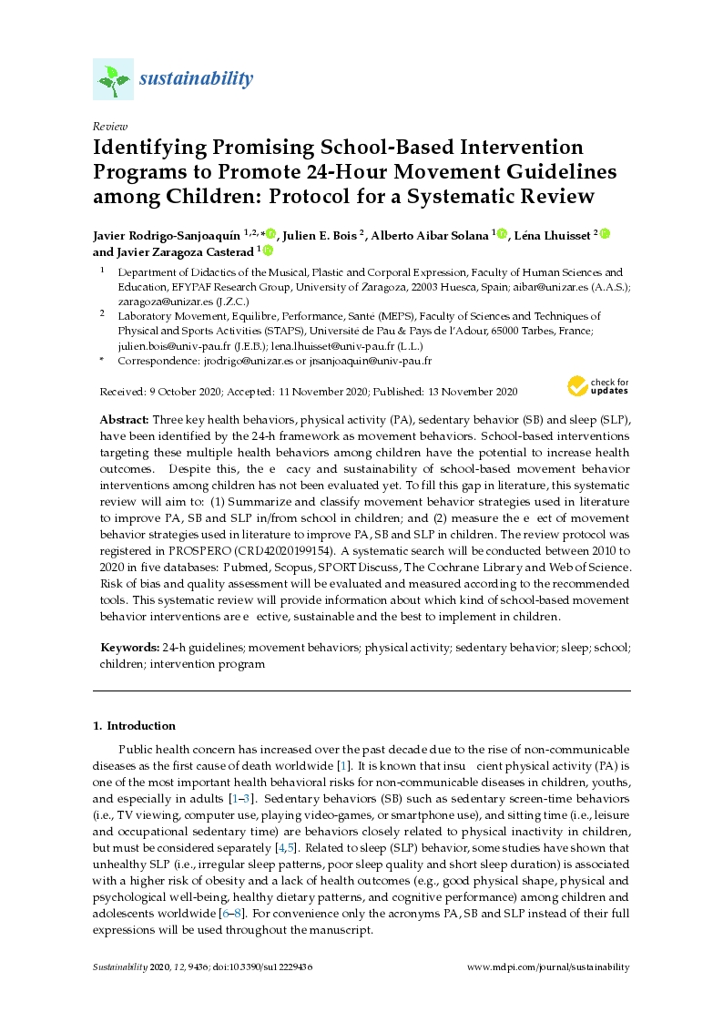 Identifying promising school-based intervention programs to promote 24-hour movement guidelines among children: Protocol for a systematic review
