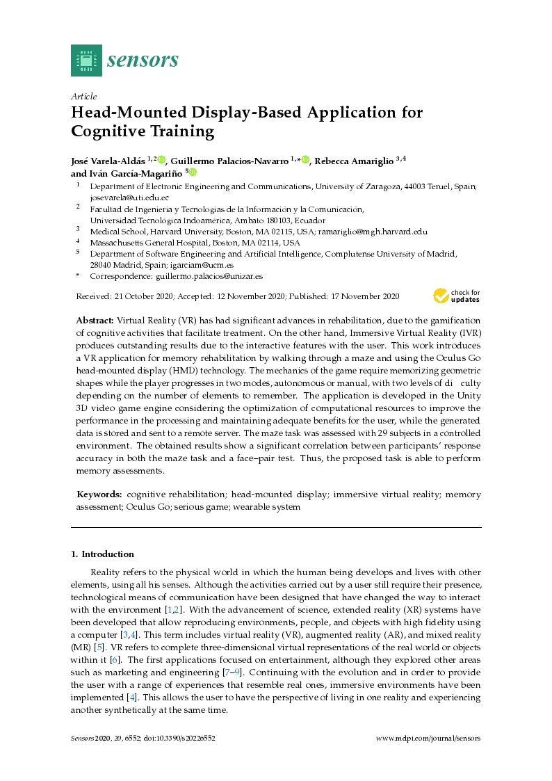 Head-mounted display-based application for cognitive training