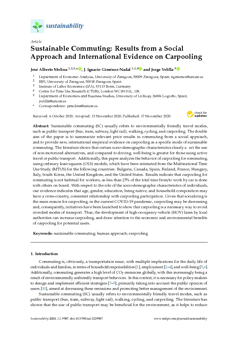 Sustainable commuting: Results from a social approach and international evidence on carpooling