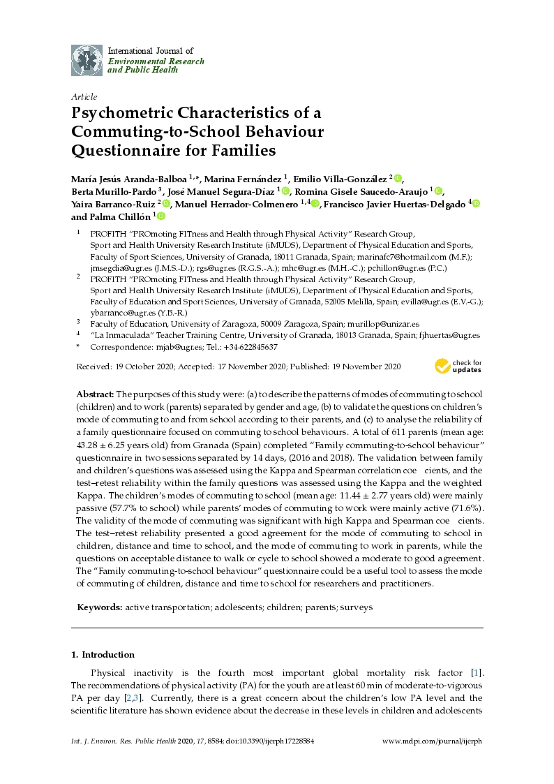 Psychometric characteristics of a commuting-to-school behaviour questionnaire for families