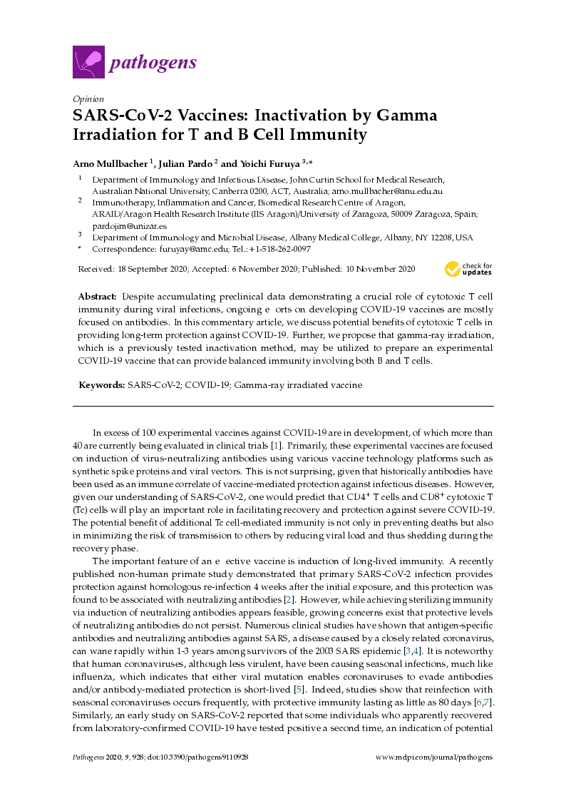 SARS-CoV-2 vaccines: Inactivation by gamma irradiation for T and B cell immunity
