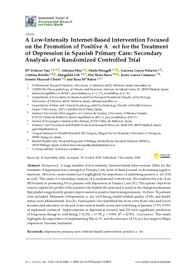 A low-intensity internet-based intervention focused on the promotion of positive affect for the treatment of depression in Spanish primary care: Secondary analysis of a randomized controlled trial