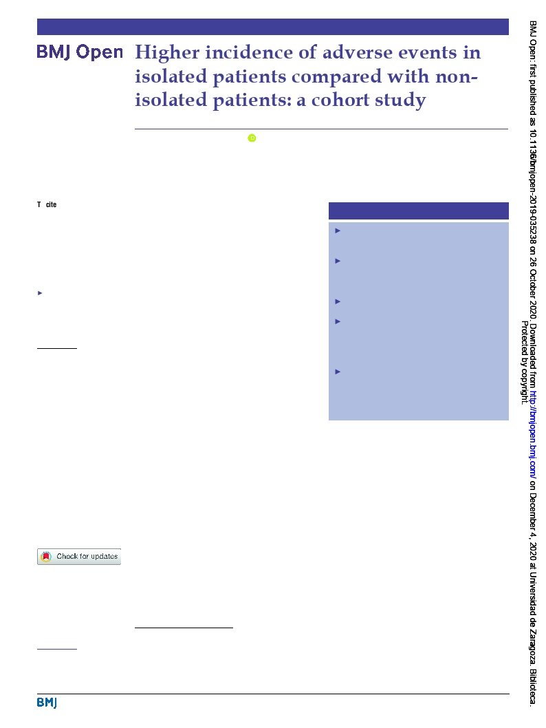 Higher incidence of adverse events in isolated patients compared with non-isolated patients: A cohort study