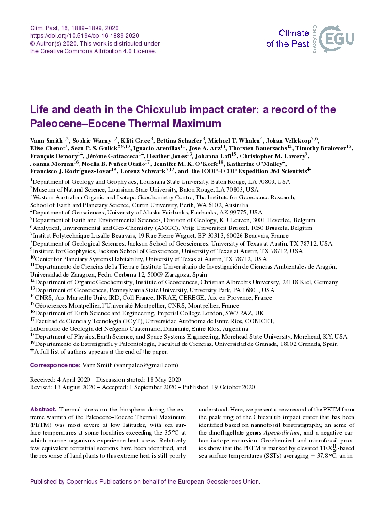 Life and death in the Chicxulub impact crater: A record of the Paleocene-Eocene Thermal Maximum