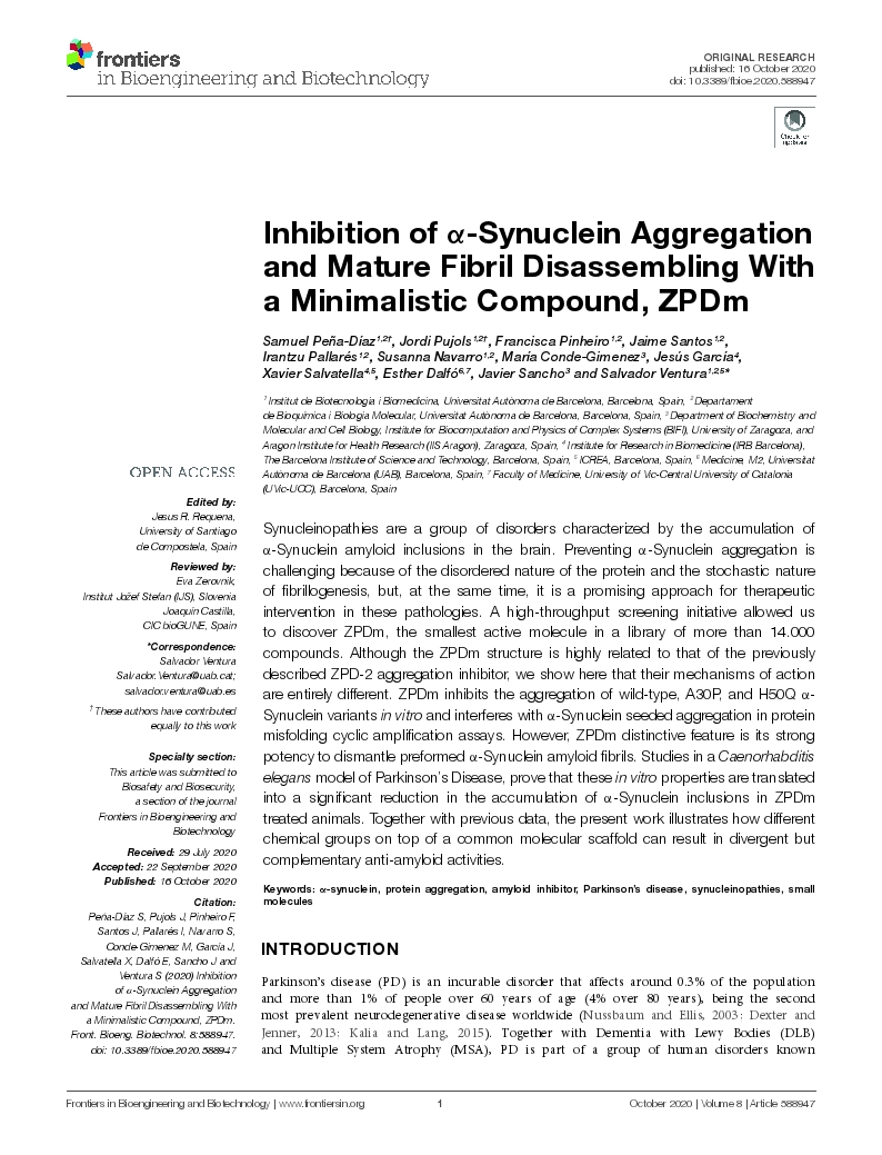 Inhibition of a-Synuclein Aggregation and Mature Fibril Disassembling With a Minimalistic Compound, ZPDm