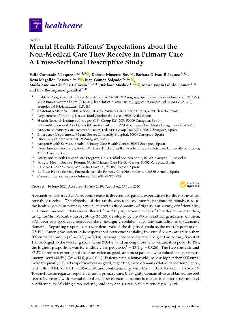 Mental Health Patients' Expectations about the Non-Medical Care They Receive in Primary Care: A Cross-Sectional Descriptive Study