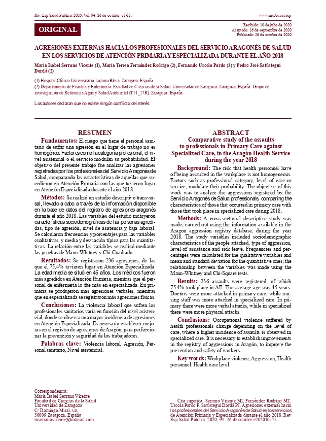 Agresiones externas hacia los profesionales del Servicio Aragonés de Salud en los servicios de Atención Primaria y Especializada durante el año 2018