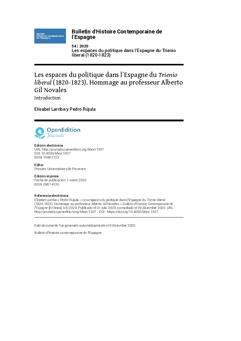 Les espaces du politique dans l’espagne du trienio liberal (1820-1823). Hommage au professeur Alberto Gil Novales