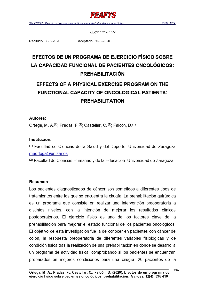 Efectos de un programa de ejercicio físico sobre la capacidad funcional de pacientes oncológicos: Prehabilitación