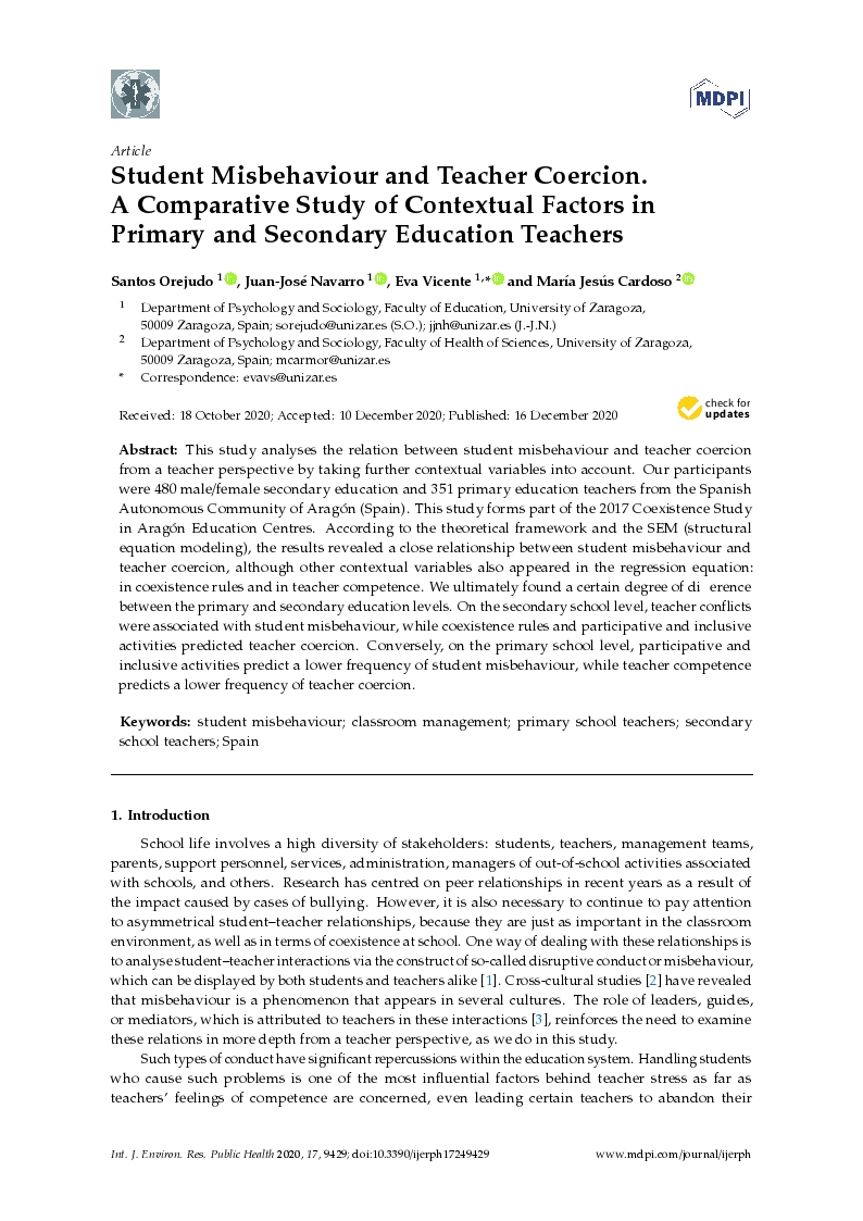 Student Misbehaviour and Teacher Coercion. A Comparative Study of Contextual Factors in Primary and Secondary Education Teachers