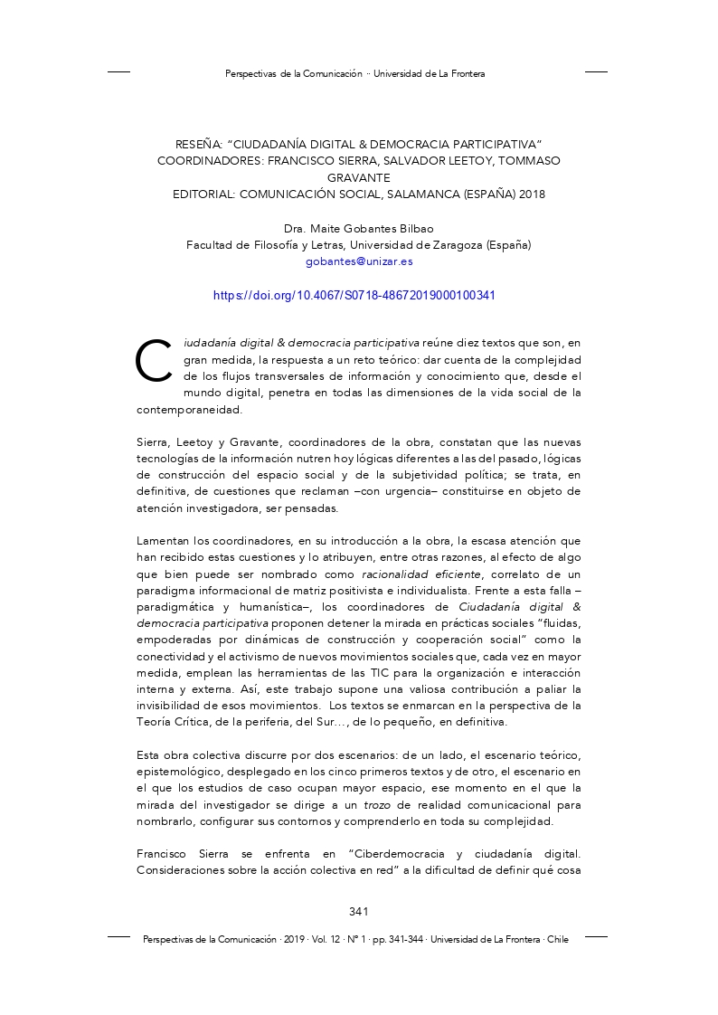 Reseña - Ciudadanía digital & democracia participativa. Coord.: Francisco Sierra, Salvador Leetoy, Tommaso Gravante