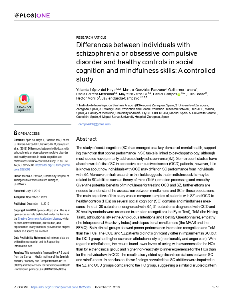 Differences between individuals with schizophrenia or obsessive-compulsive disorder and healthy controls in social cognition and mindfulness skills: A controlled study