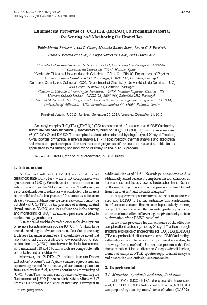 Luminescent Properties of [UO2(TFA)2(DMSO)3], a Promising Material for Sensing and Monitoring the Uranyl Ion