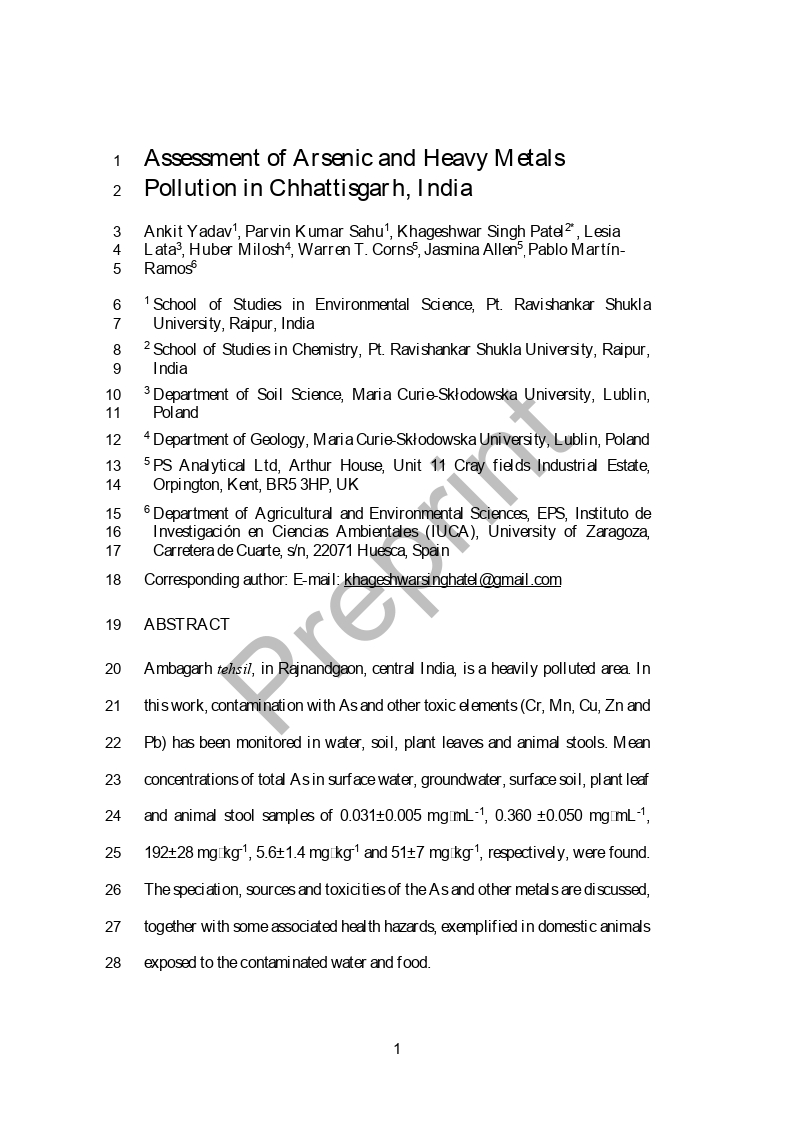 Assessment of arsenic and heavy metal pollution in Chhattisgarh, India