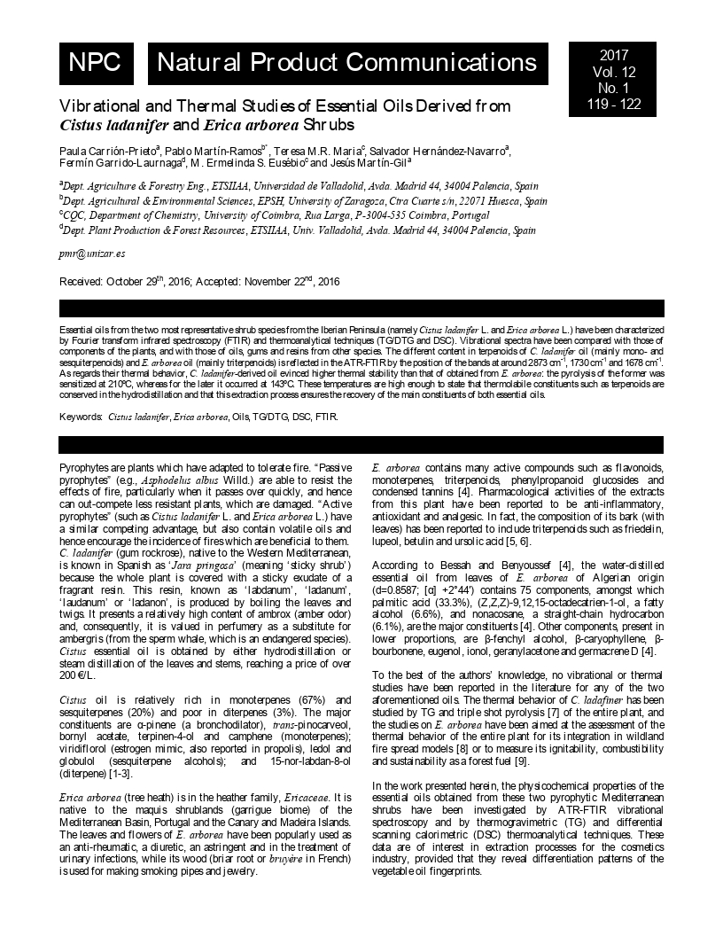 Vibrational and thermal studies of essential oils derived from Cistus ladanifer and Erica arborea shrubs