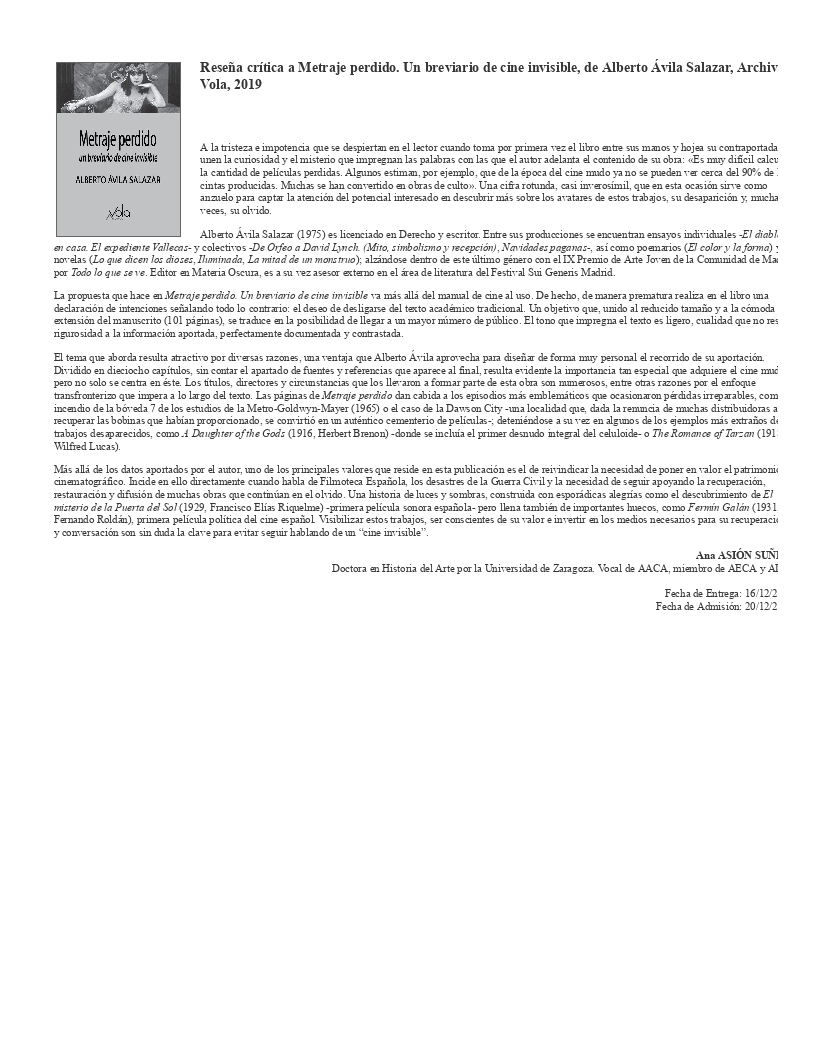 Reseña del libro Metraje perdido. Un breviario de cine invisible, de Alberto Ávila Salazar, Archivos Vola, 2019