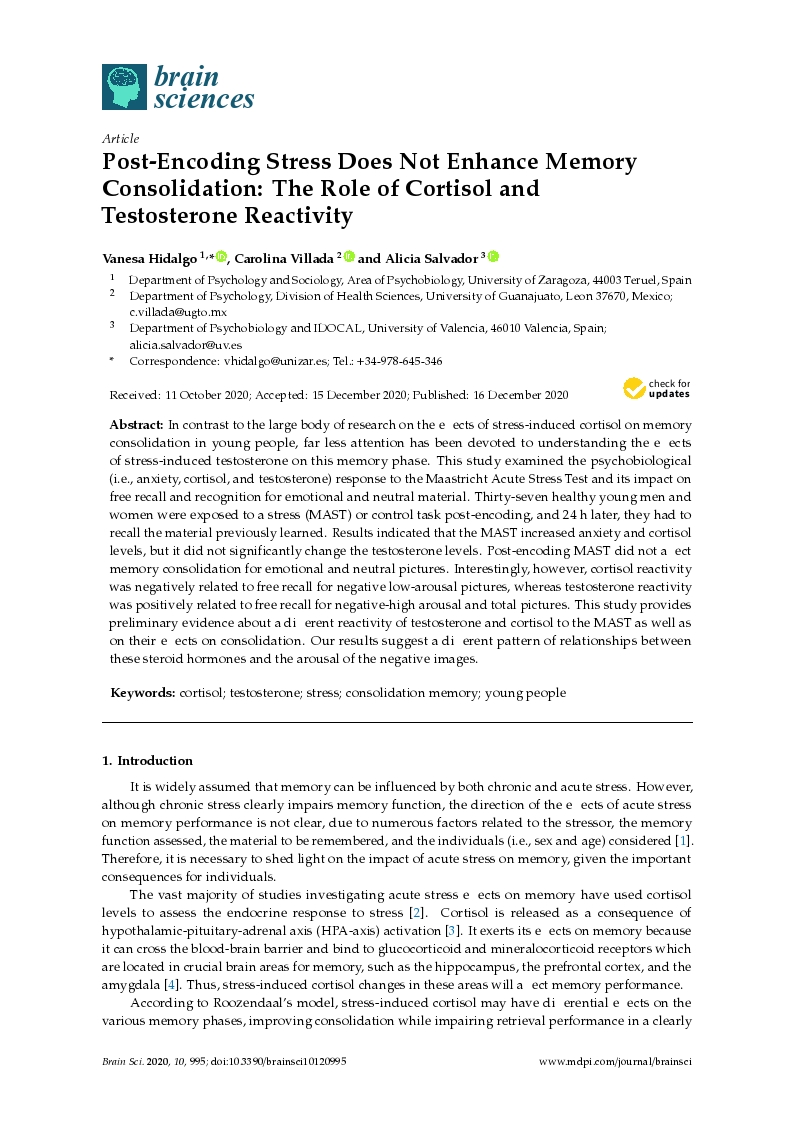 Post-encoding stress does not enhance memory consolidation: The role of cortisol and testosterone reactivity