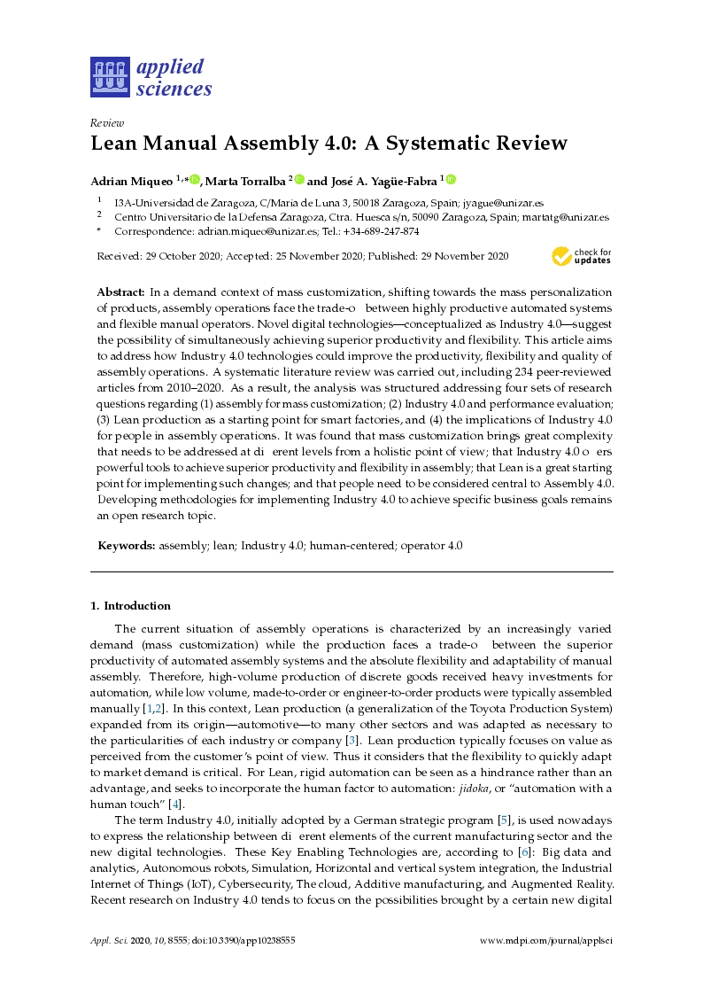 Lean manual assembly 4.0: A systematic review