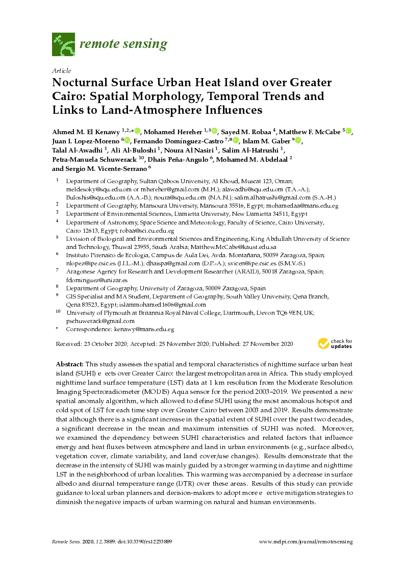 Nocturnal surface urban heat island over greater cairo: Spatial morphology, temporal trends and links to land-atmosphere influences