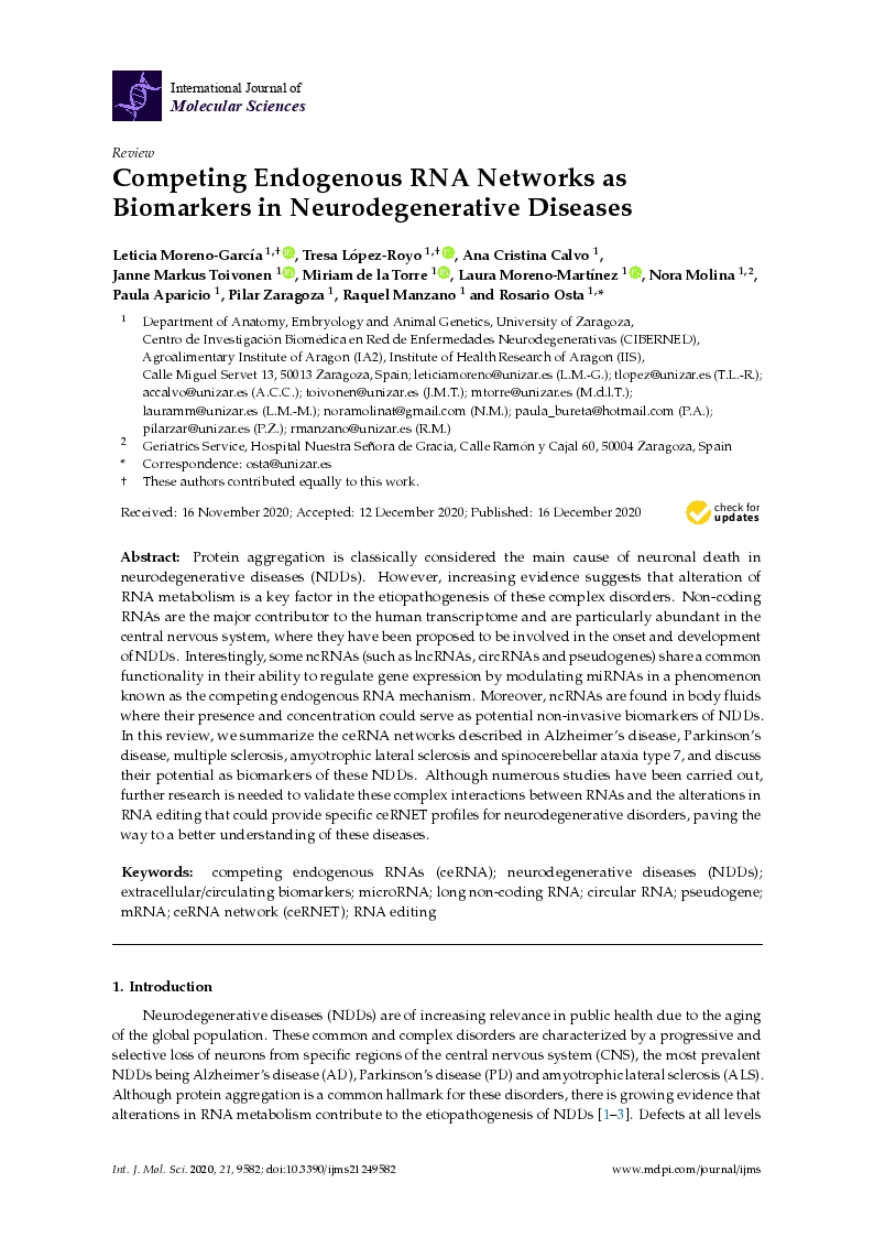 Competing endogenous rna networks as biomarkers in neurodegenerative diseases