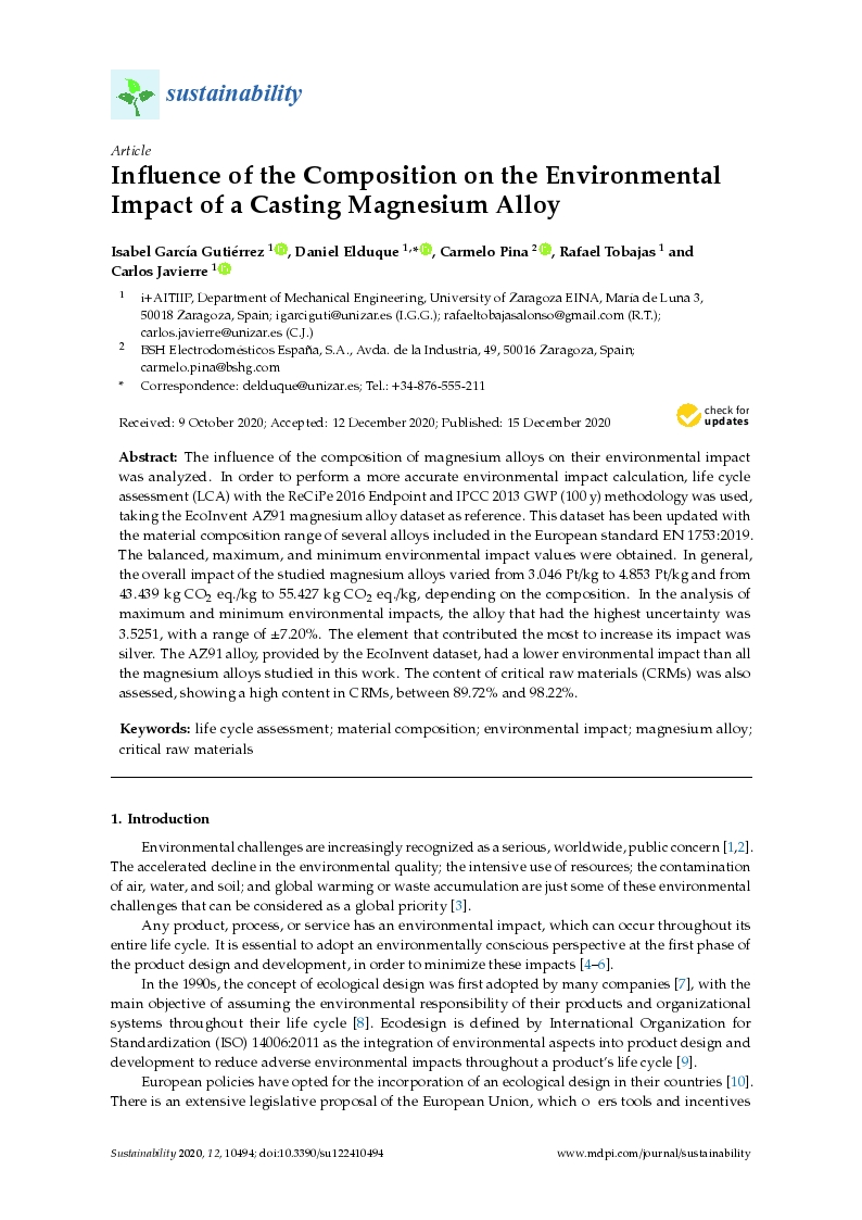 Influence of the composition on the environmental impact of a casting magnesium alloy