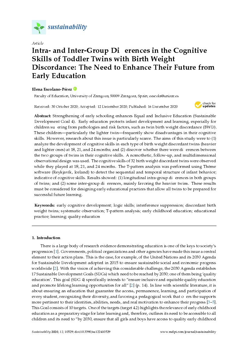 Intra-and inter-group differences in the cognitive skills of toddler twins with birth weight discordance: the need to enhance their future from early education