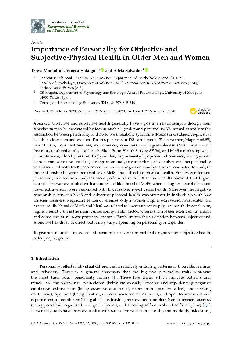Importance of personality for objective and subjective-physical health in older men and women