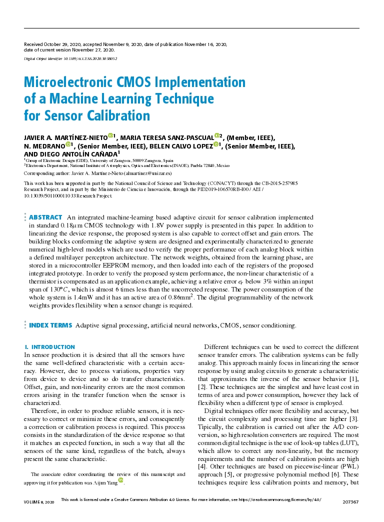 Microelectronic cmos implementation of a machine learning technique for sensor calibration