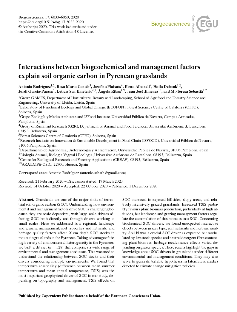 Interactions between biogeochemical and management factors explain soil organic carbon in Pyrenean grasslands