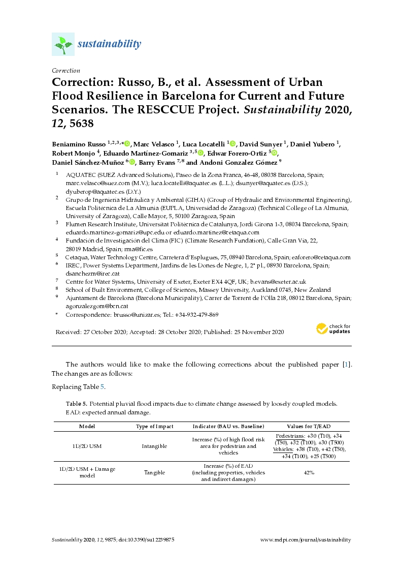 Correction: Russo, B., et al. Assessment of urban flood resilience in barcelona for current and future scenarios. the resccue project. (Sustainability 2020, 12, 5638)