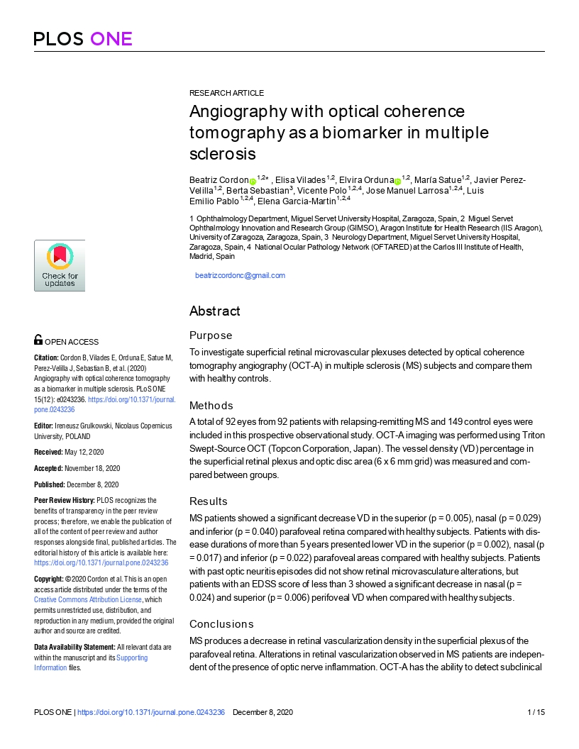 Angiography with optical coherence tomography as a biomarker in multiple sclerosis