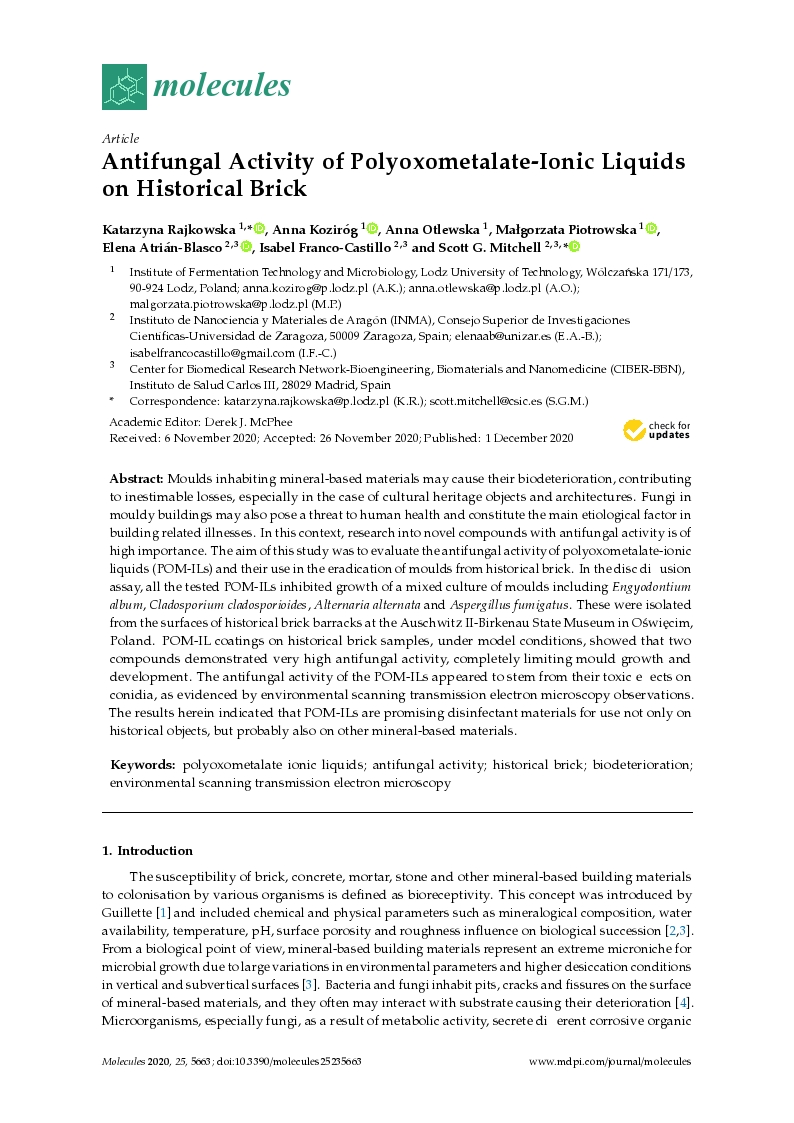 Antifungal Activity of Polyoxometalate-Ionic Liquids on Historical Brick