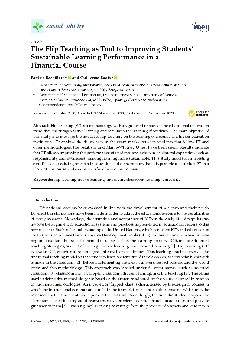 The flip teaching as tool to improving students’ sustainable learning performance in a financial course