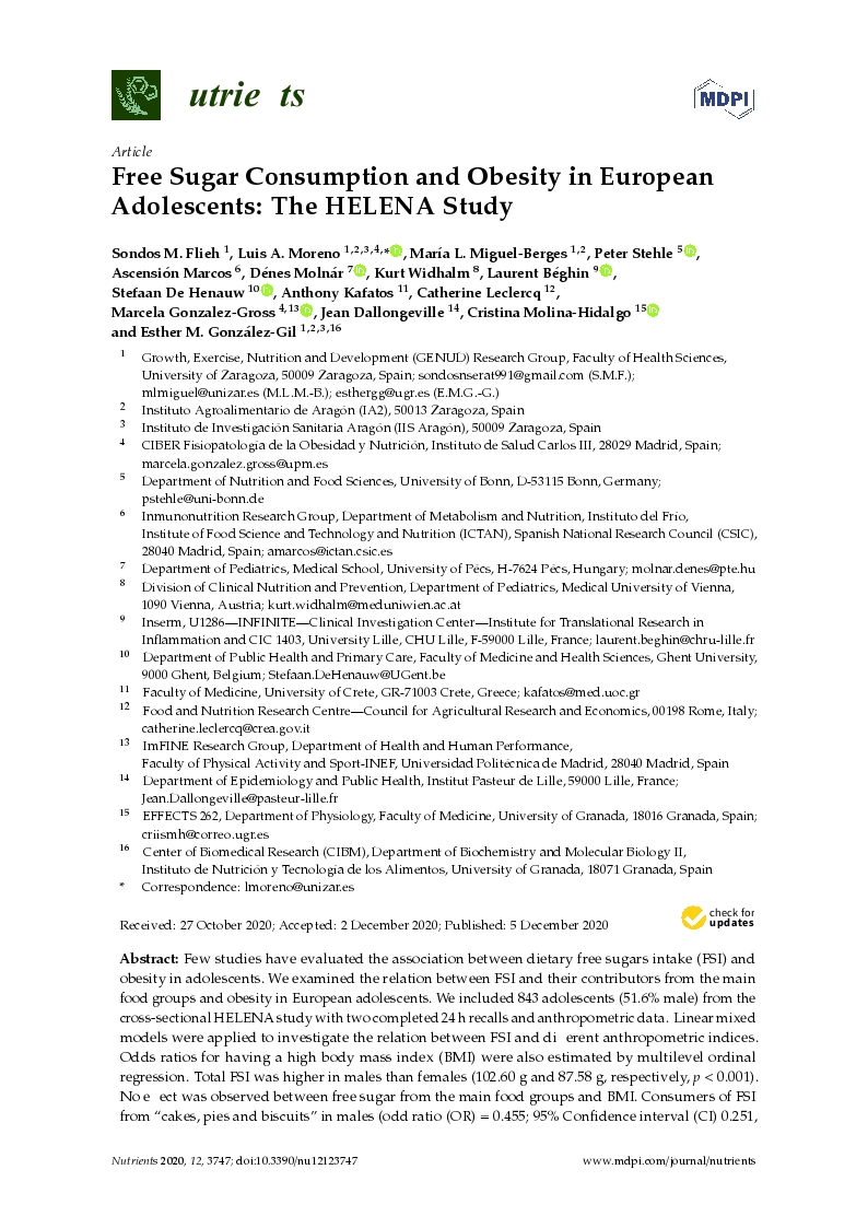 Free sugar consumption and obesity in European adolescents: The HELENA study