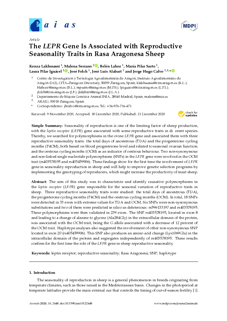 The LEPR gene is associated with reproductive seasonality traits in Rasa Aragonesa sheep