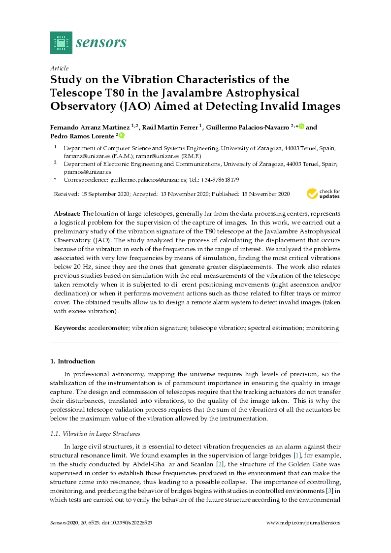 Study on the vibration characteristics of the telescope T80 in the Javalambre astrophysical observatory (JAO) aimed at detecting invalid images