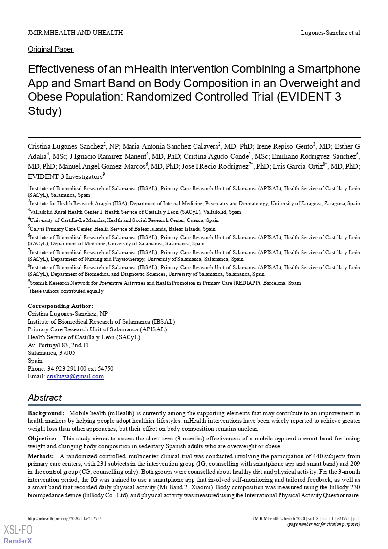 Effectiveness of an mHealth intervention combining a smartphone app and smart band on body composition in an overweight and obese population: Randomized controlled trial (EVIDENT 3 study)