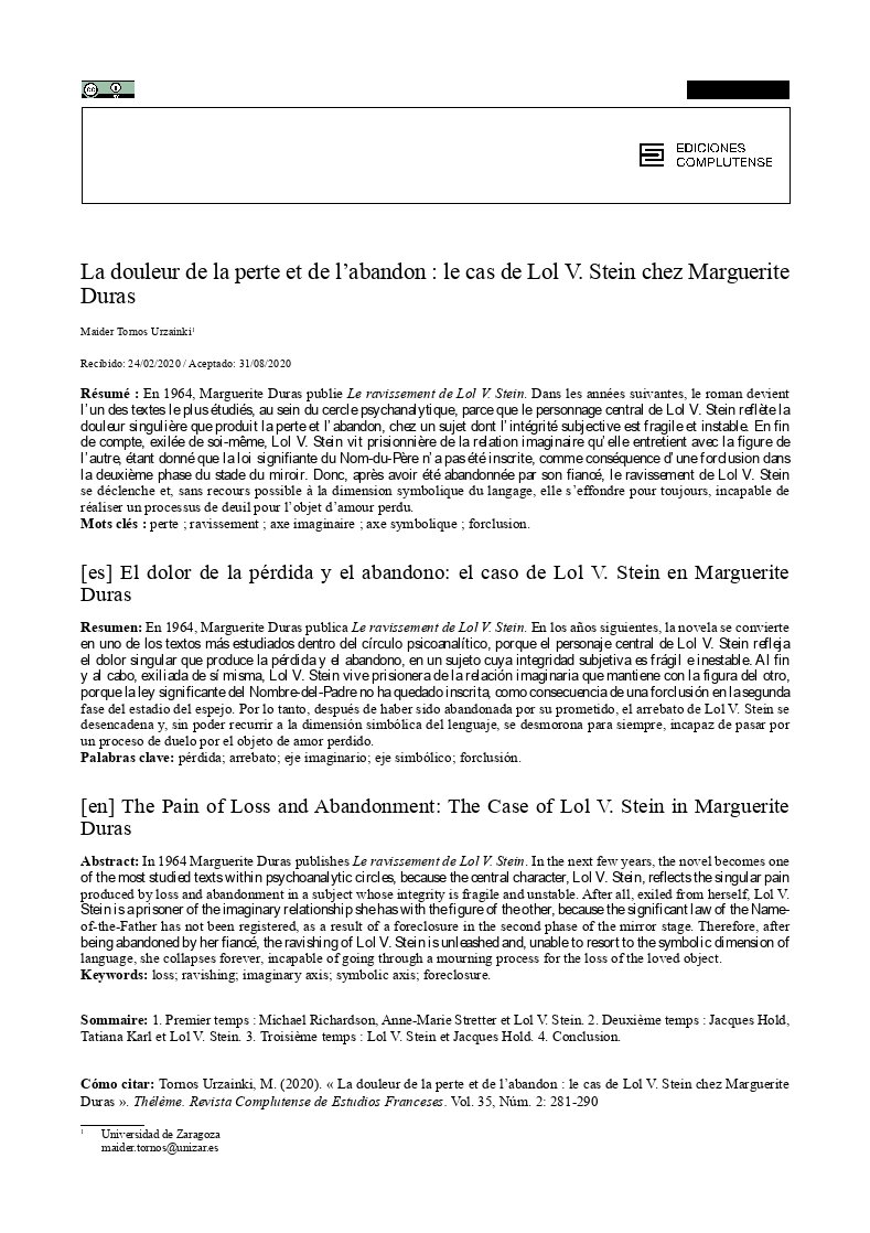 La douleur de la perte et de l’abandon : le cas de Lol V. Stein chez Marguerite Duras