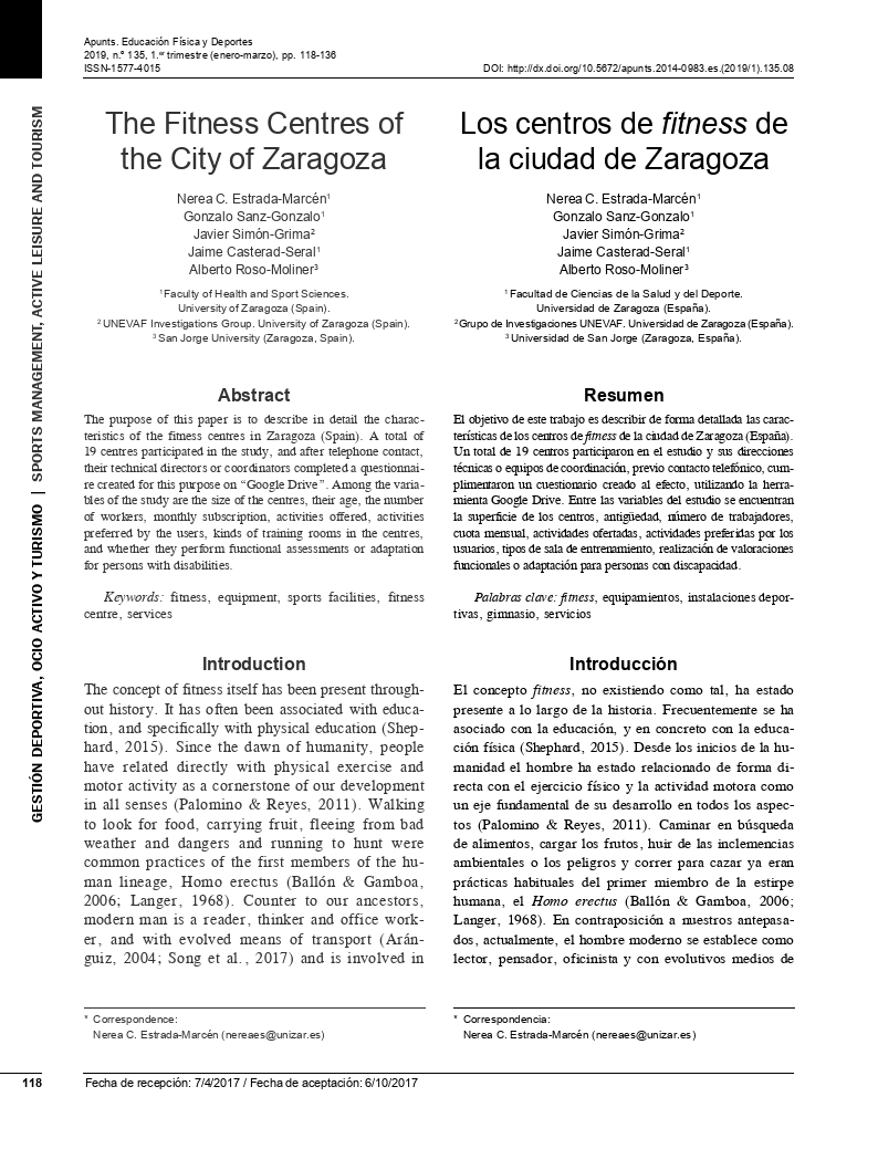Los centros de fitness de la ciudad de Zaragoza [The Fitness Centres of the City of Zaragoza]