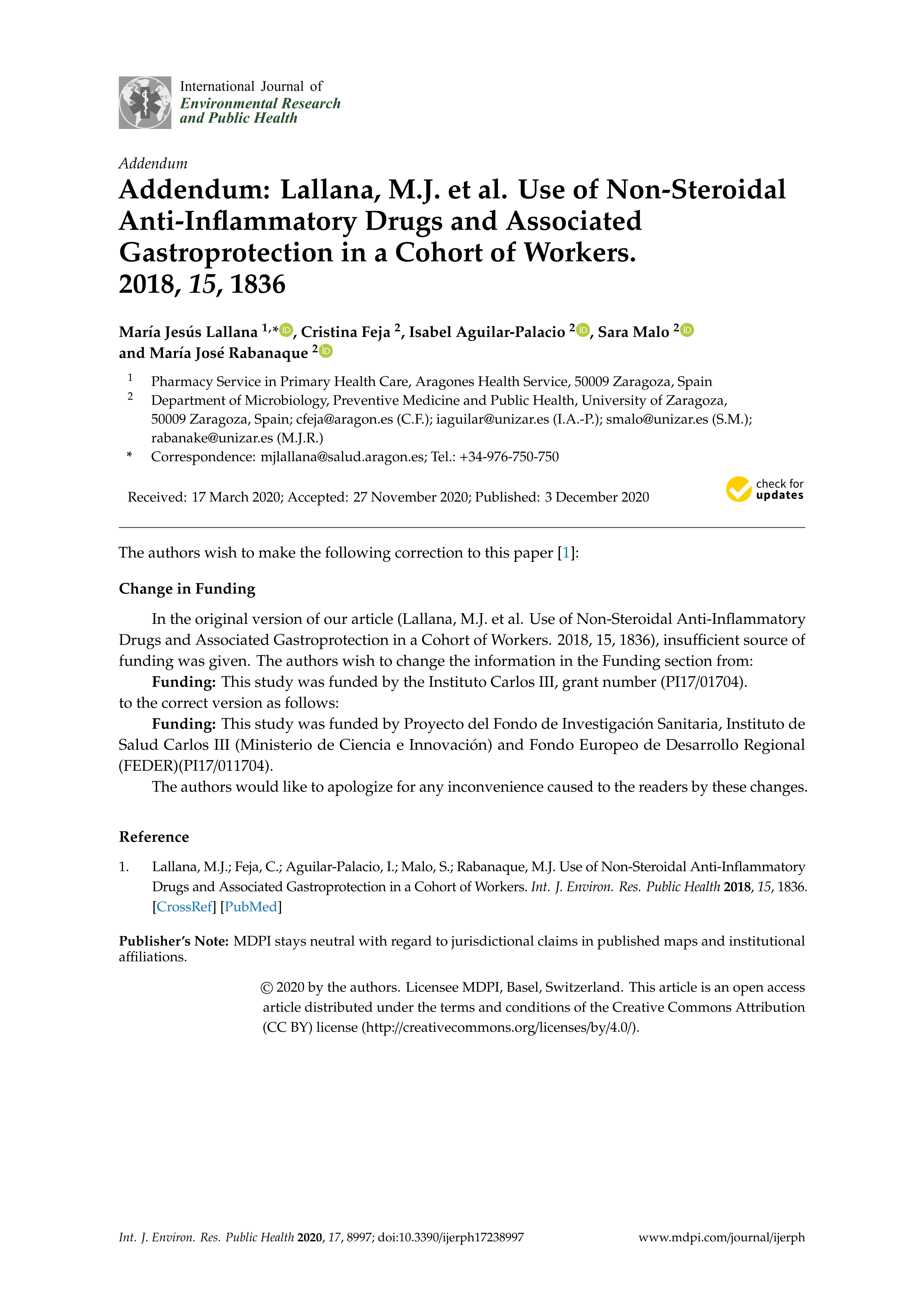 Addendum: Lallana, M.J. et al. Use of Non-Steroidal Anti-Inflammatory Drugs and Associated Gastroprotection in a Cohort of Workers. 2018, 15, 1836