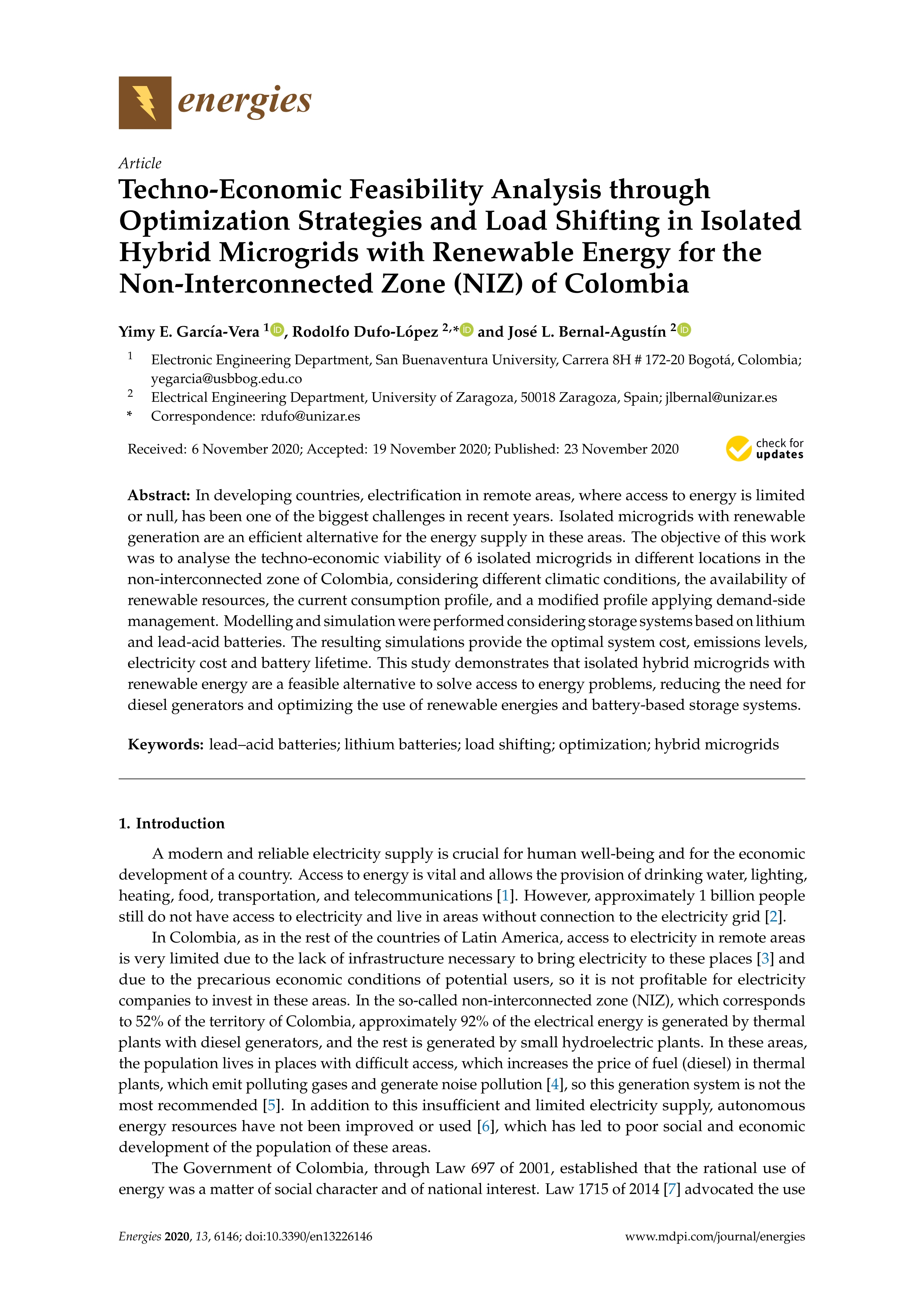 Techno-Economic Feasibility Analysis through Optimization Strategies and Load Shifting in Isolated Hybrid Microgrids with Renewable Energy for the Non-Interconnected Zone (NIZ) of Colombia