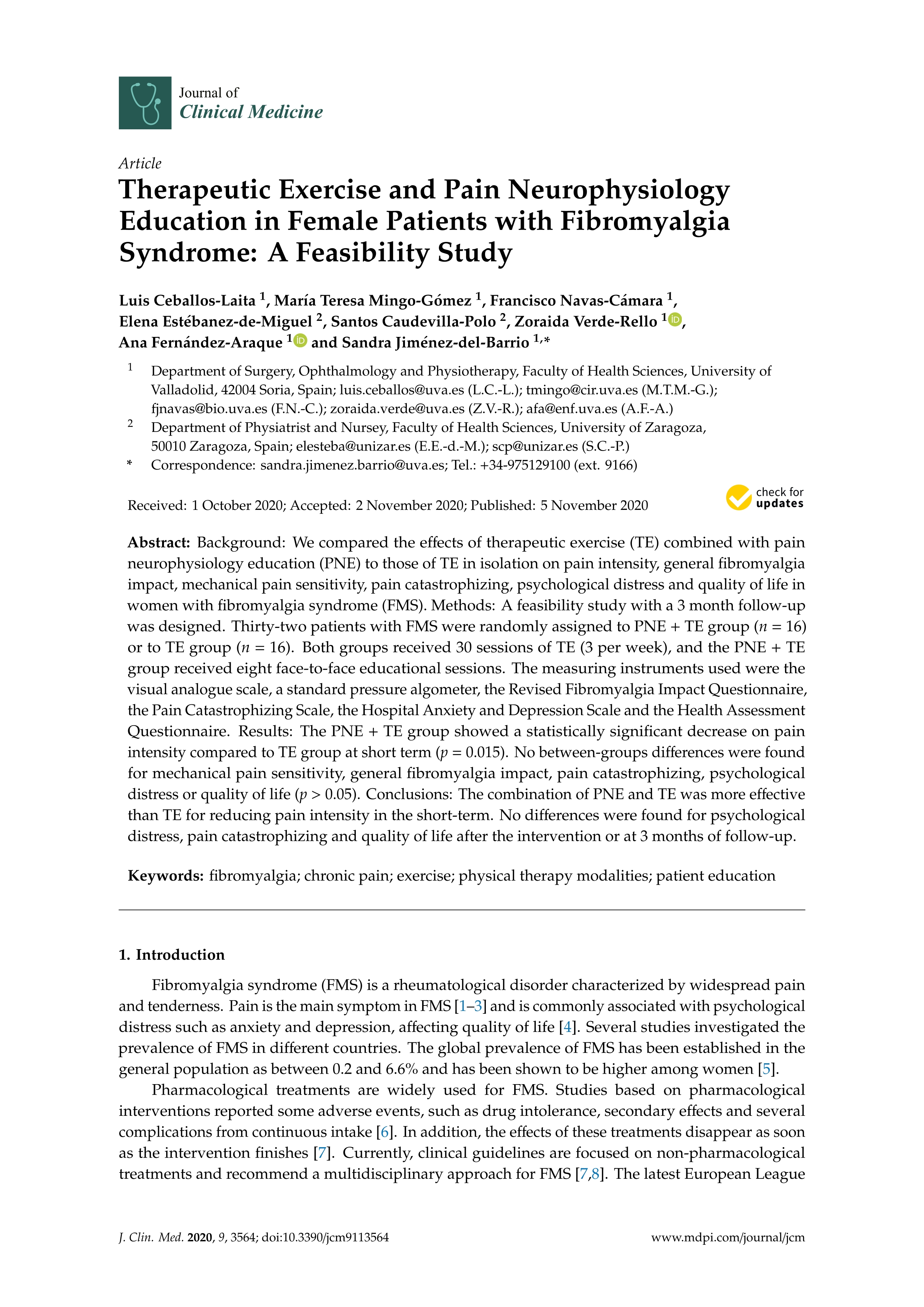 Therapeutic Exercise and Pain Neurophysiology Education in Female Patients with Fibromyalgia Syndrome: A Feasibility Study