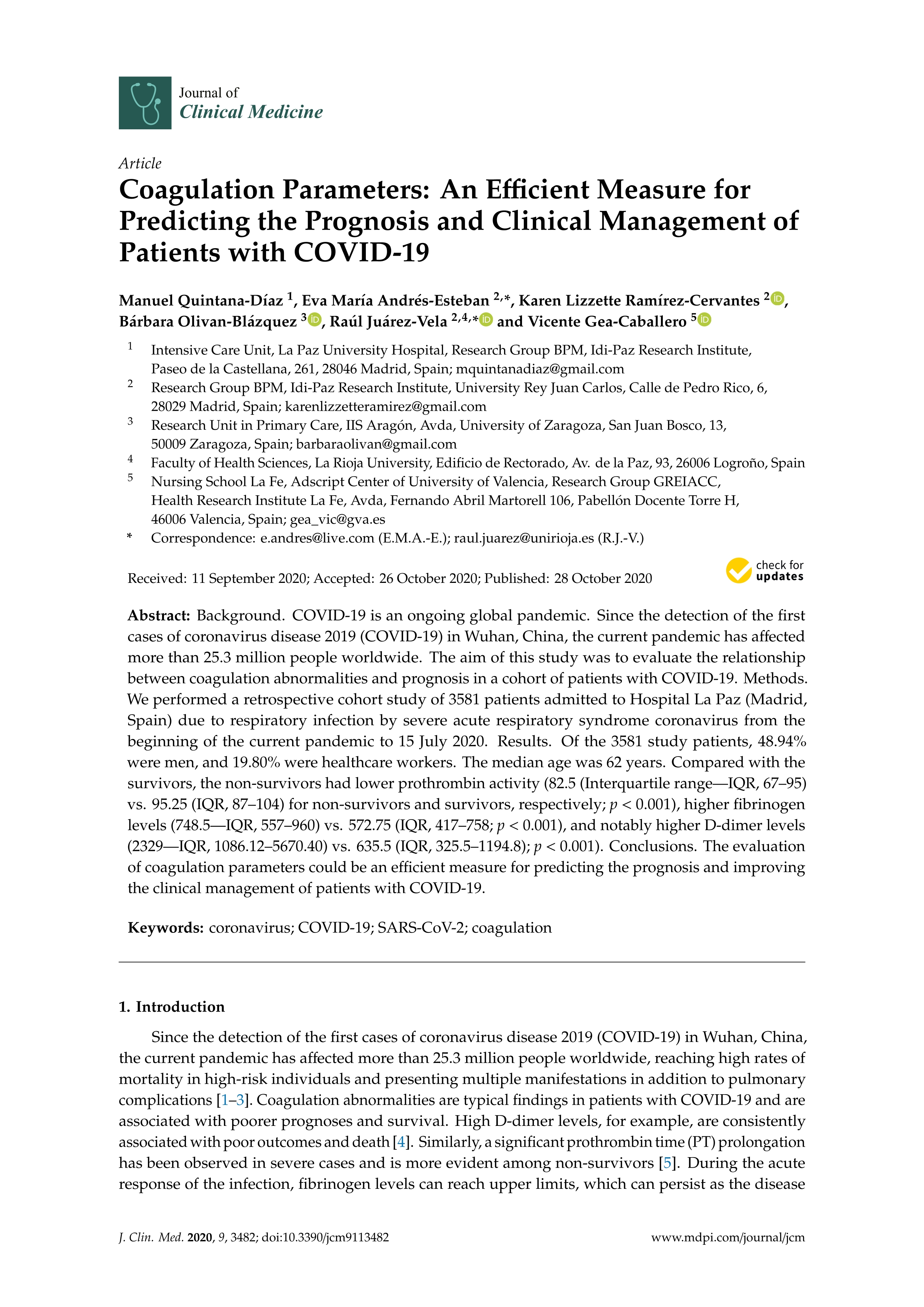 Coagulation Parameters: An Efficient Measure for Predicting the Prognosis and Clinical Management of Patients with COVID-19