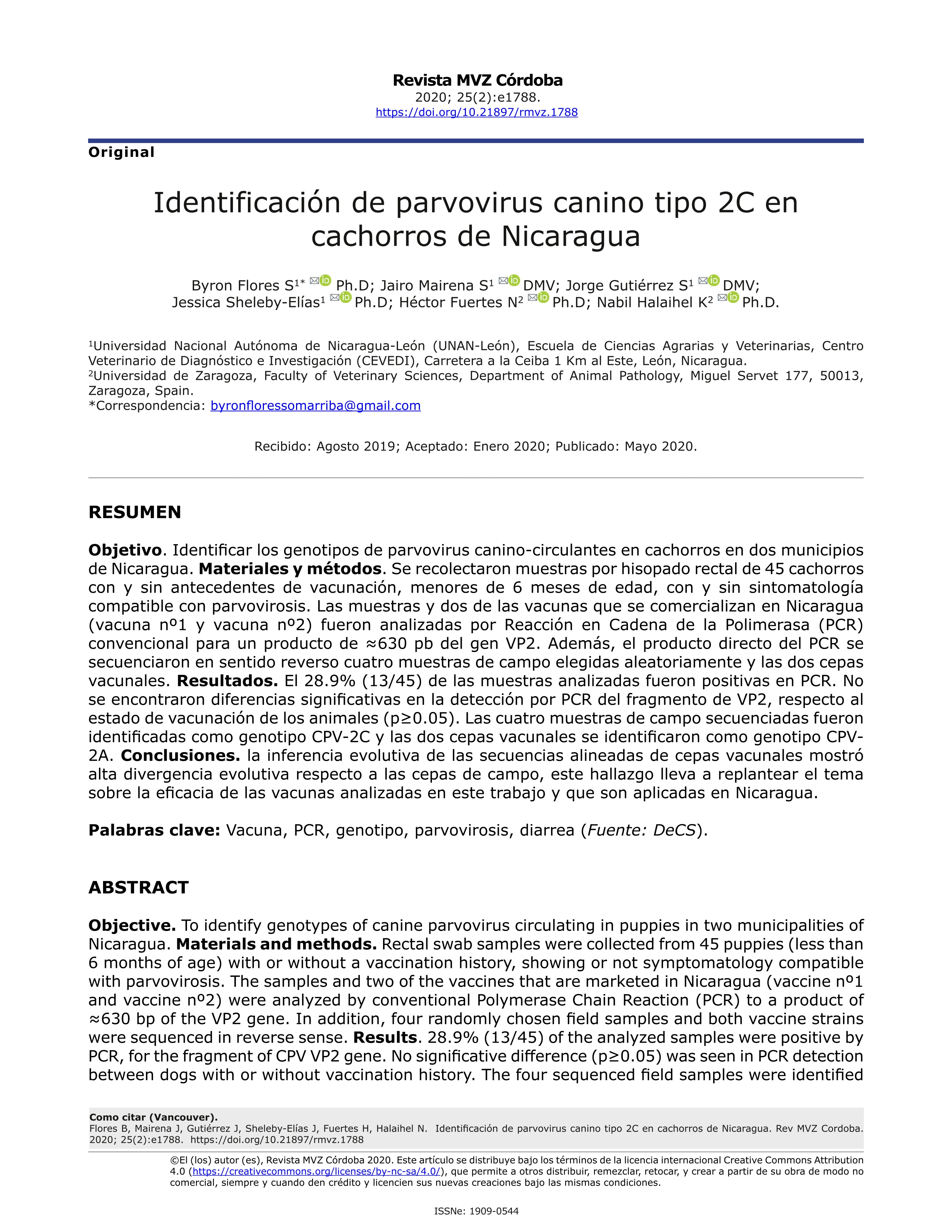 Identificación de parvovirus canino tipo 2C en cachorros de Nicaragua