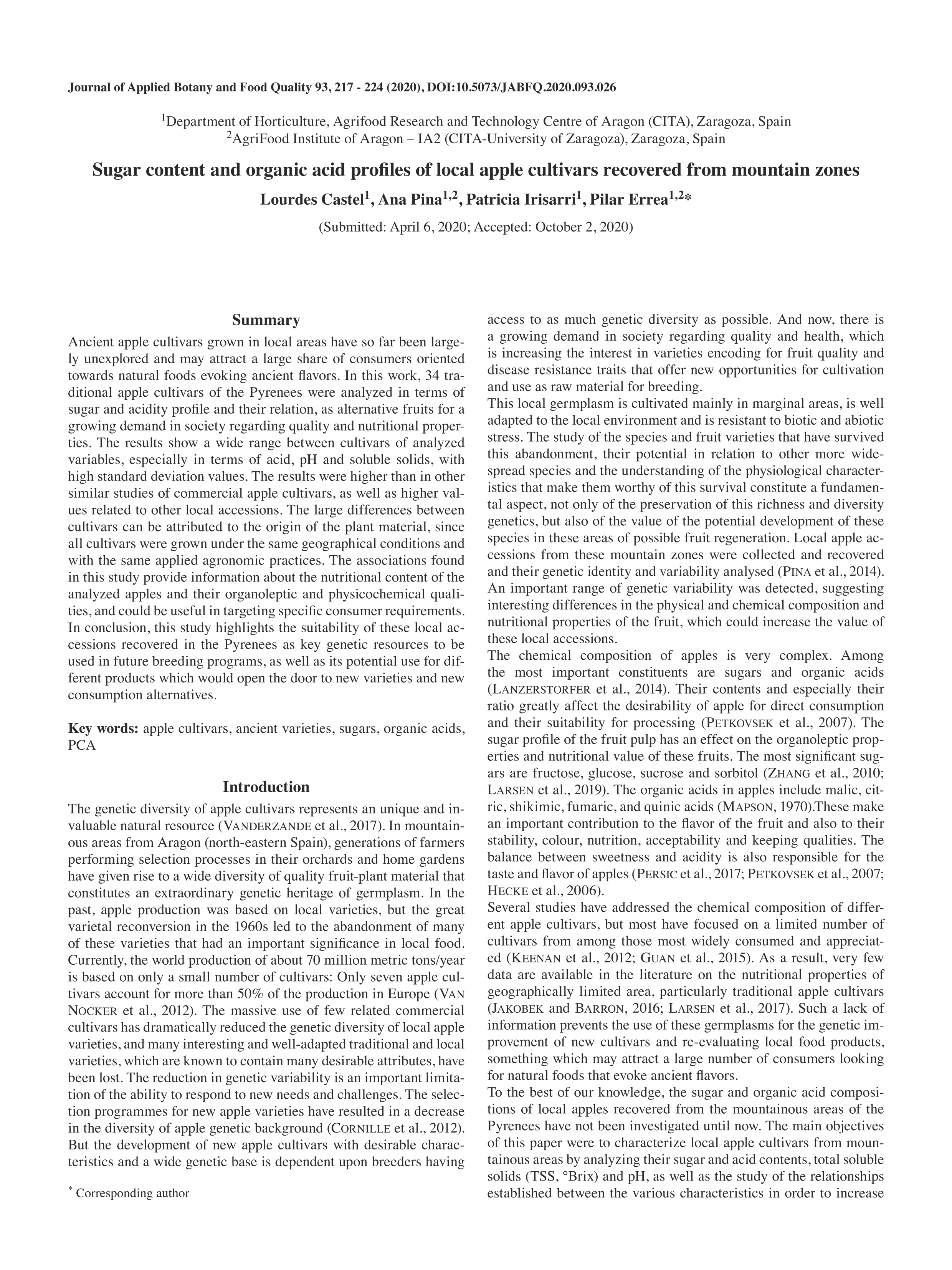 Sugar content and organic acid profiles of local apple cultivars recovered from mountain zones