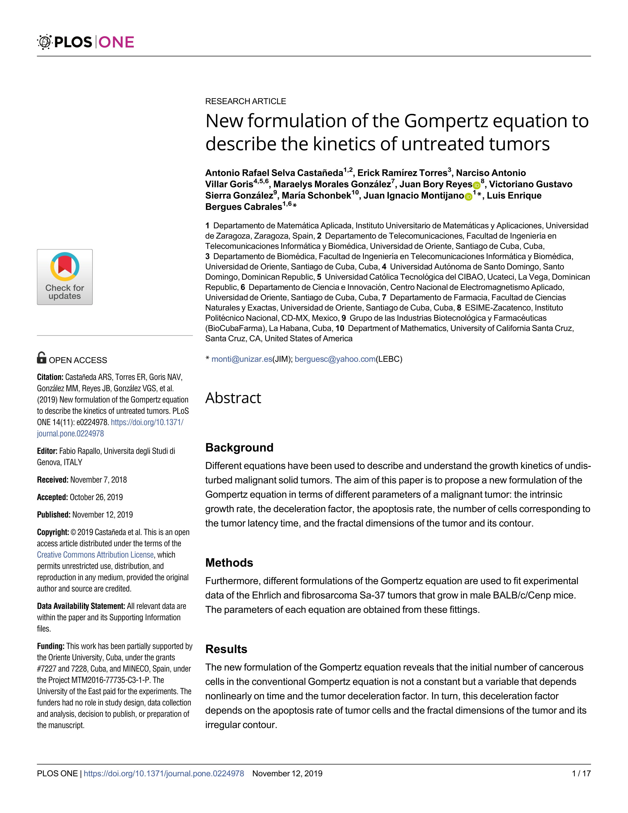 New formulation of the Gompertz equation to describe the kinetics of untreated tumors