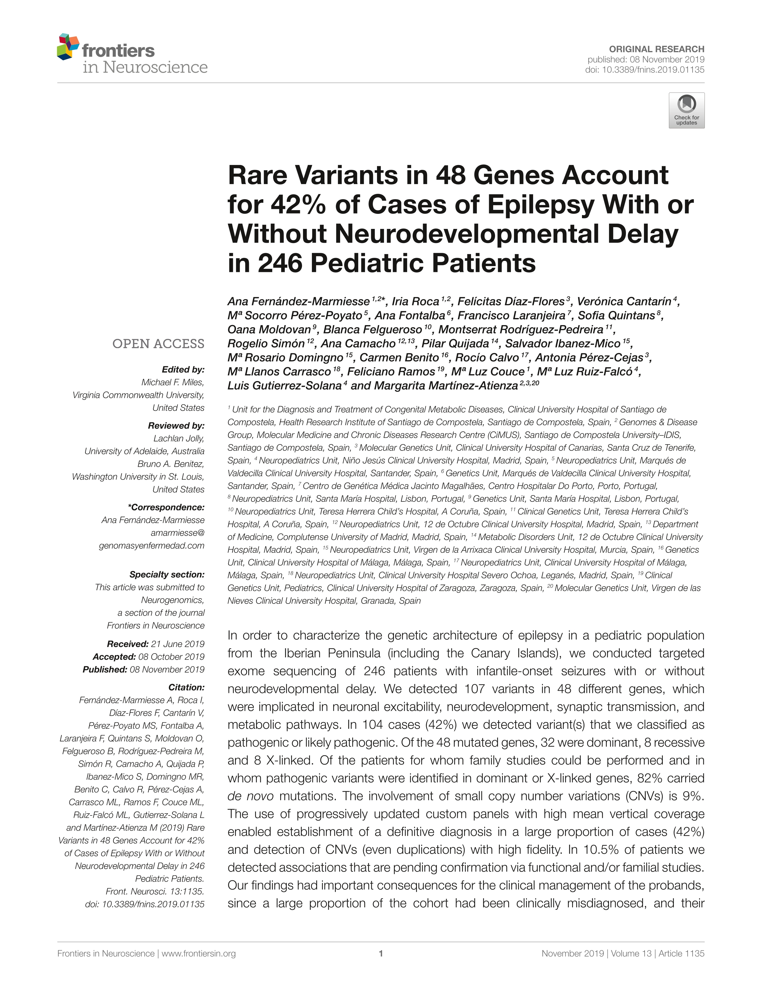 Rare Variants in 48 Genes Account for 42% of Cases of Epilepsy With or Without Neurodevelopmental Delay in 246 Pediatric Patients