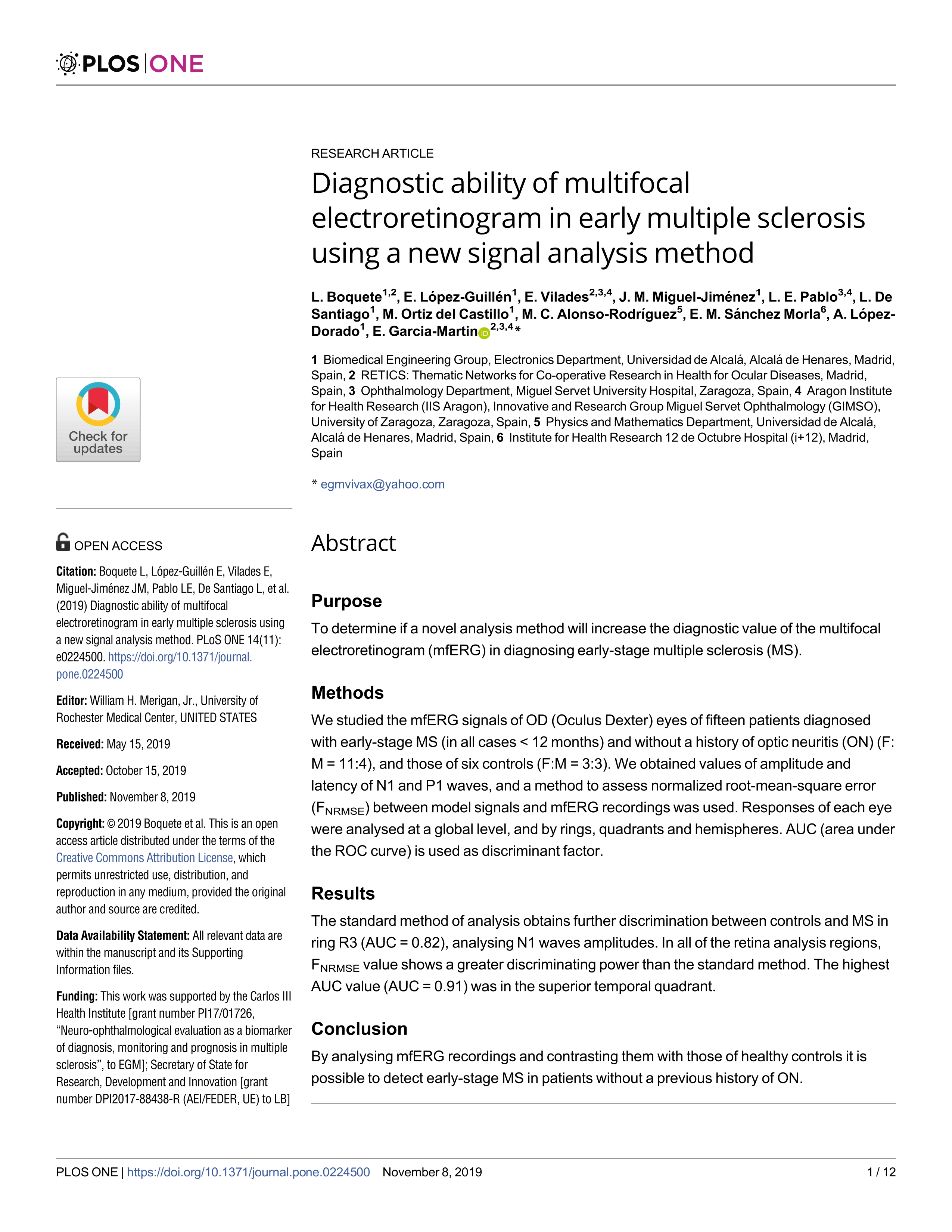Diagnostic ability of multifocal electroretinogram in early multiple sclerosis using a new signal analysis method