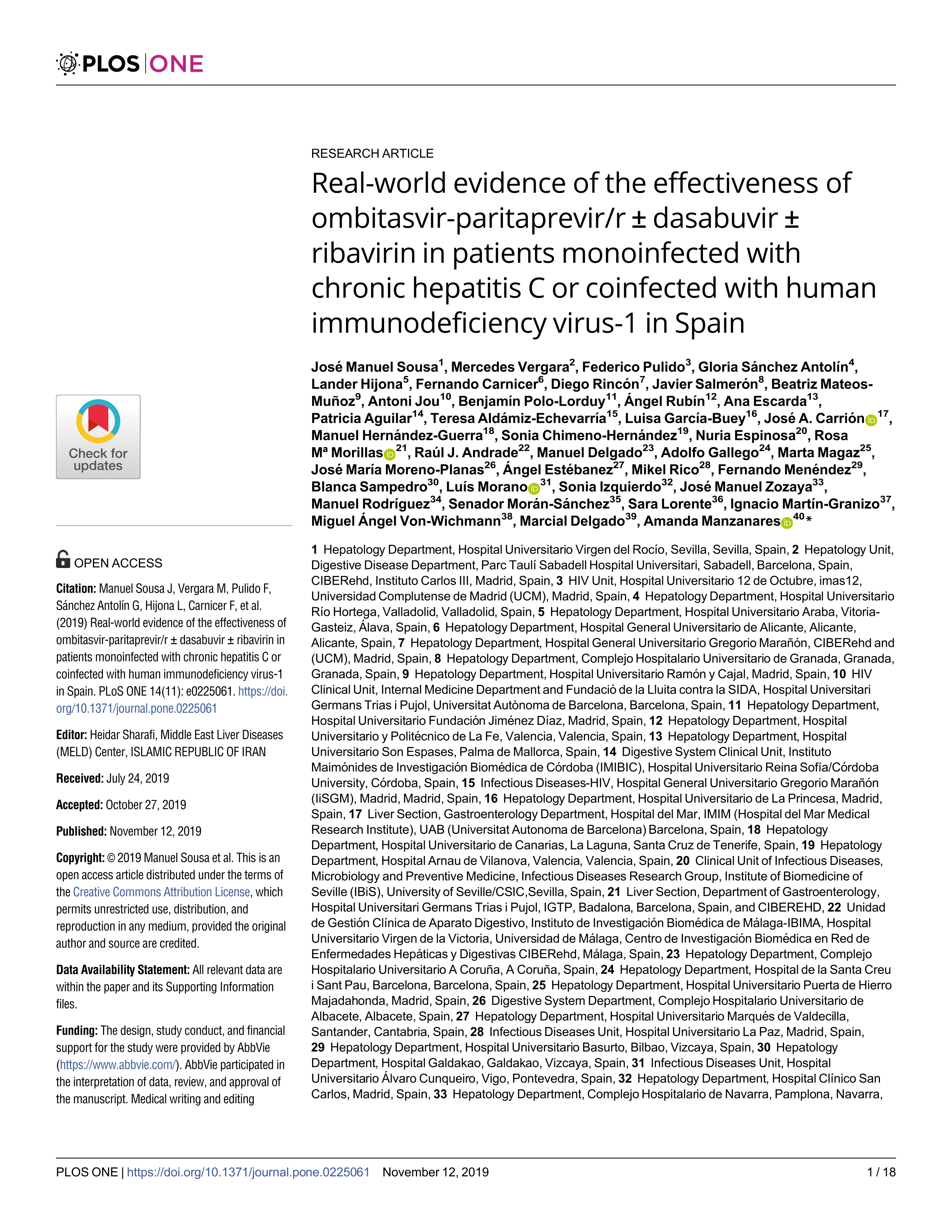 Real-world evidence of the effectiveness of ombitasvir-paritaprevir/r ± dasabuvir ± ribavirin in patients monoinfected with chronic hepatitis C or coinfected with human immunodeficiency virus-1 in Spain