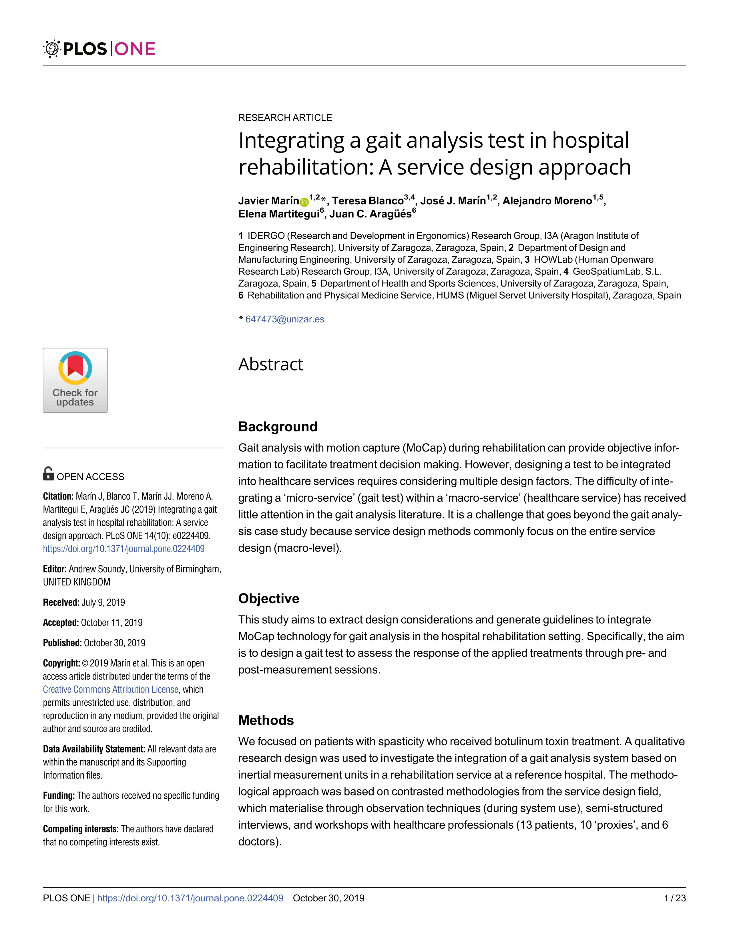 Integrating a gait analysis test in hospital rehabilitation: A service design approach